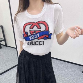 [홍콩명품.Gucci] 구찌 24SS 로고 그래픽 여성 니트 반팔 티셔츠 (화이트), BM14236, TBG, 홍콩명품의류,구매대행,온라인명품