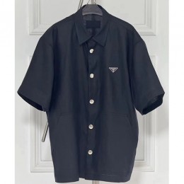 [홍콩명품,PRADA] 프라다 24SS 삼각로고 린넨 반팔 남방 셔츠 (블랙), BM14356, X2, 홍콩명품의류,구매대행,온라인명품