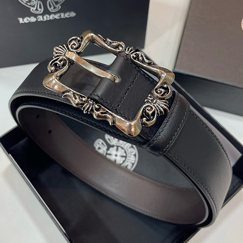 [홍콩명품.Chrome Hearts] 크롬하츠 25SS 로고 925실버 버클 레더 가죽 벨트, 3.4cm, BT1417, BRB, 명품레플리카,인터넷쇼핑몰,남자명품,해외직구