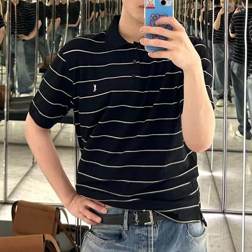 [홍콩명품.YSL] 입생로랑 25SS 로고 자수 스트라이프 카라 폴로 반팔 티셔츠 (블랙), BM19873, JL, 홍콩명품의류,구매대행,온라인명품