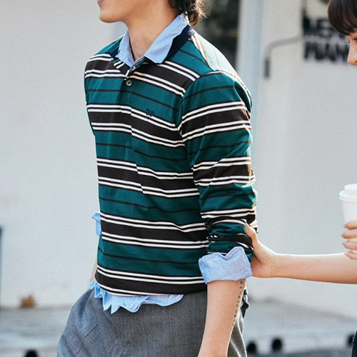 [홍콩명품,PRADA] 프라다 25SS 로고 자수 스트라이프 카라 폴로 긴팔 티셔츠 (그린), BM20033, JL, 홍콩명품의류,구매대행,온라인명품