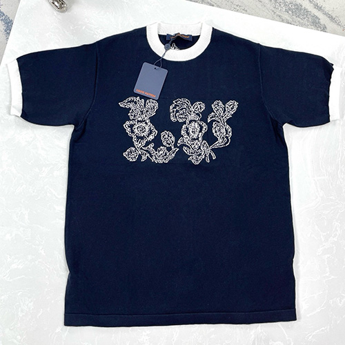 [홍콩명품.LOUIS VUITTON] 루이비통 25SS 로고 패턴 니트 반팔 티셔츠 (네이비), BM21006, JU, 홍콩명품의류,구매대행,온라인명품