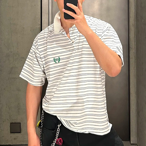 [명품레플리카.BALENCIAGA] 발렌시아가 25SS 로고 스트라이프 카라 폴로 반팔 티셔츠 (화이트), BM21208, KB, 홍콩명품의류,구매대행,온라인명품