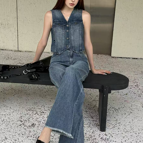 [홍콩명품,Christian Dior] 디올 25SS 로고 여성 데님 조끼 베스트 + 오버핏 데님 팬츠 진 청바지 상하의 세트, BM21257, MR, 홍콩명품의류,구매대행,온라인명품