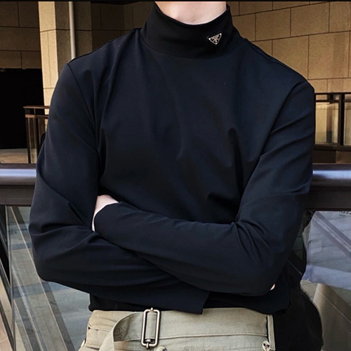 [홍콩명품,PRADA] 프라다 25SS 삼각로고 하이넥 나일론 긴팔 티셔츠 (블랙), BM22712, JL, 레플리카의류,미러급사이트