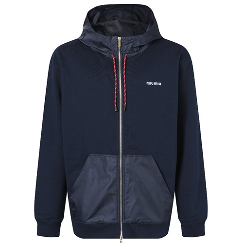 [홍콩명품,MIU MIU] 미우미우 25SS 로고 자수 후드 집업 자켓 (네이비), BM22775, JL, 레플리카의류,미러급사이트