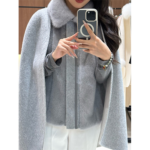 [홍콩명품.Loro Piana] 로로피아나 25SS 로고 여성 캐시미어 탈부착 2PCS 퍼 카라 코트 자켓 (그레이), BM23600, TOM, 레플리카의류,미러급사이트