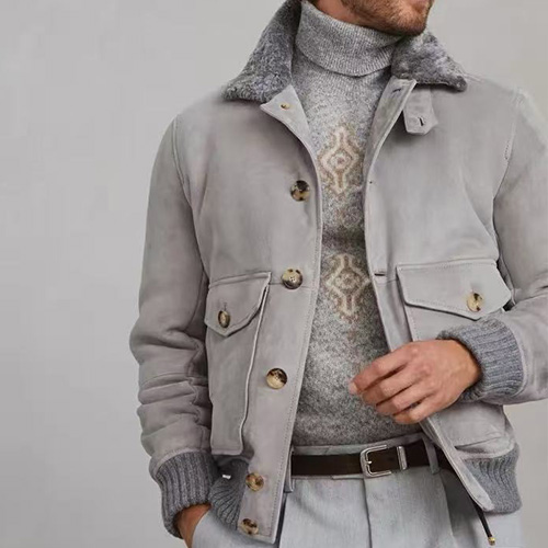 [홍콩명품.Brunello Cucinelli ] 브루넬로 쿠치넬리 25SS 로고 시어링 레더 가죽 봄버 자켓 (그레이), BM23818, TOM, 레플리카의류,미러급사이트