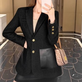 [홍콩명품,FENDI] 펜디 25SS 로고 여성 레더 포켓 정장 수트 자켓 (블랙), BM23908, MC, 레플리카의류,미러급사이트