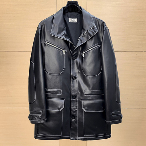 [홍콩명품.Hermes] 에르메스 25SS 로고 레더 가죽 카라 코트 자켓 (블랙), BM23937, 레플리카의류,미러급사이트