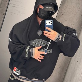 [홍콩명품.BALENCIAGA] 발렌시아가 25SS 로고 자수 기모 후드 티셔츠 (블랙), BM24125, KB, 레플리카의류,미러급사이트