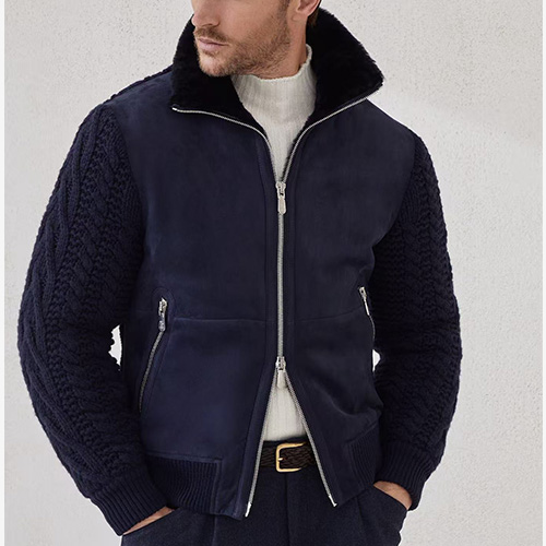 [홍콩명품.Brunello Cucinelli ] 브루넬로 쿠치넬리 26SS 로고 하이넥 레더 가죽 캐시미어 레이어드 봄버 자켓 (네이비), BM24336, TOM, 레플리카의류,미러급사이트